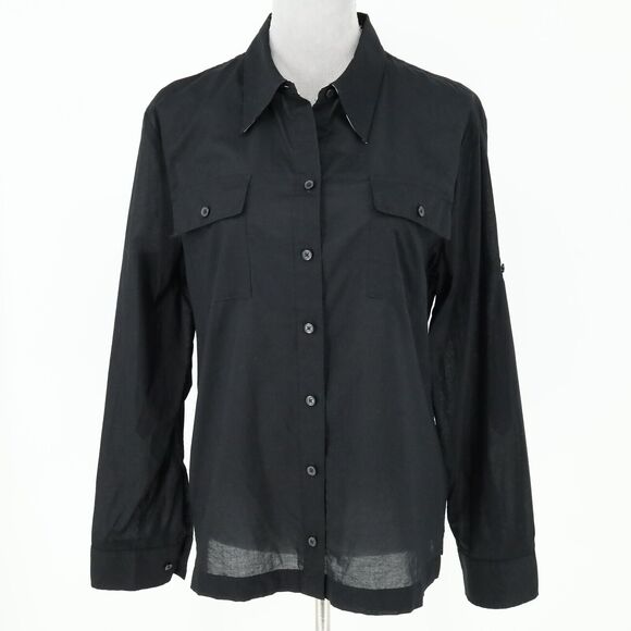 Jones NY Top Womens Large Black Cotton Shirt Semi Sheer Pockets Blouse Preppy - Picture 15 of 16